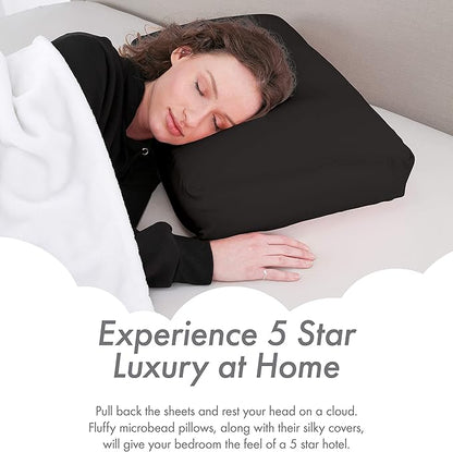 PILLOWY Premium Microbead Bed Pillow, Medium Extra Fluffy But Supportive - Ultra Comfortable Sleep with Silk Like Anti Aging Cover 85% Spandex/ 15% Nylon Breathable, Cooling Matte Black