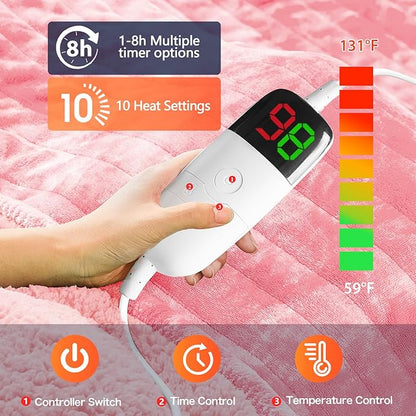 greenoak Heated Electric Blanket Throw, Faux Fur Sherpa Heating Blanket for Sofa Bed, Warm Winter Gifts for Women/Her, Heater Lap Blankets 5-Position Timer &10 Heating Levels 50''*60" PIink