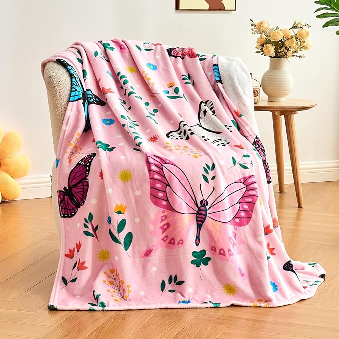 Butterfly Kids Throw Blanket for Girls Teens Toddler Pink Soft Fuzzy Flannel Bed Blanket Colorful Flowers Birthday Gifts for Women Girls Kids Teens Adults, 60”x80”