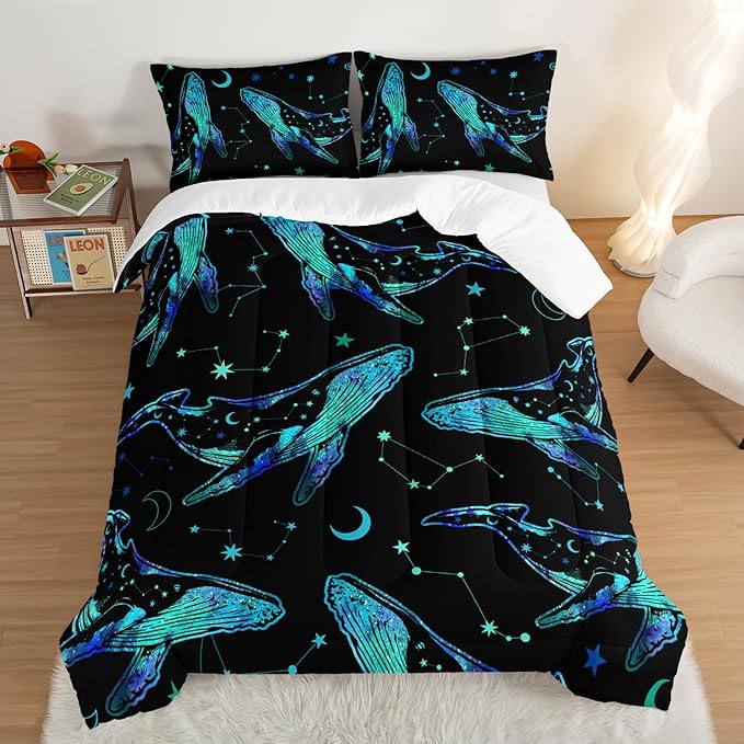 Whale Print Comforter Marine Life Bedding Set,Glowing Stars Moon Constellation Pattern Comforter Sets for Kids Boys Girls Room Decor,Cute Coastal Bedding Set Full Size with 2 Pillowcases.