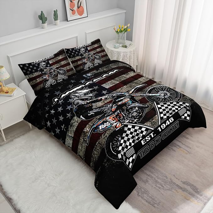 Dirt Bike Comforter Set Retro American Flag Black and White Checkered Comforter Sets Quilt with 1 Comforter and 2 Pillowcases for Kids Boys Bedroom All Season（Dirt Bike-3 Queen）