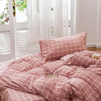 BuLuTu Pink White Plaid Duvet Cover Full 100% Washed Cotton Comforter Cover Set Modern Buffalo Plaid Bedding Set for Kids, Grid Gingham Duvet Cover and 2 Pillowcases for All Seasons