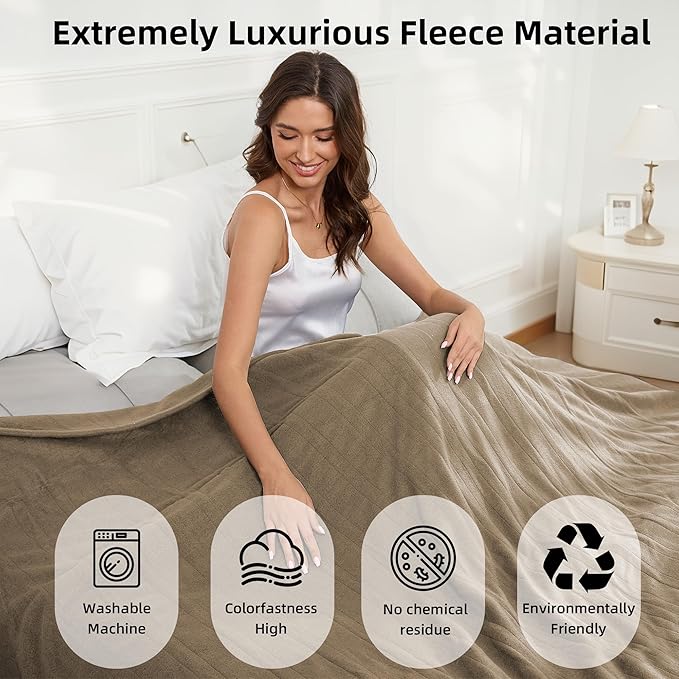 Electric Heated Blanket Full Size 72''x84'' Fleece Fabric Machine Washable Warm and Cozy, 4 Heating Levels & 10H Auto-Off, Light Brown