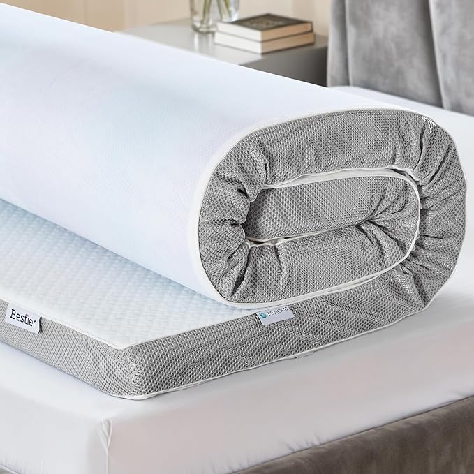 Bestier Gel Memory Foam Mattress Topper - Tencel Ice Silk Mattress Topper - Plush Feel - Mattress Pad with Naturally Cooling and Pressure Relief - Queen Size, 4 Inch