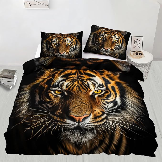 Americas Tiger Duvet Cover Full Size, African Tiger Bedding Set 3 Piece Bedroom Decor Tropical Wild Animal Patterned Comforter Cover with Zipper Ties & 2 Pillowcases
