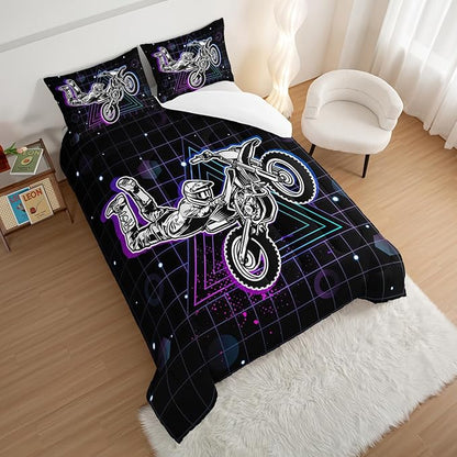 HOSIMA Motorcycle Racer Comforter Extreme Sports Theme Bedding Set for Kids Teens Men, King Size, Purple Line Grid Black Comforter with 2 Pillowcases.