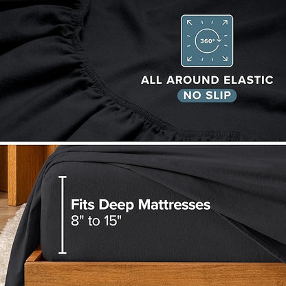 Bare Home Twin Flannel Sheet Set 100% Cotton, Velvety Soft Heavyweight - Double Brushed Flannel - Deep Pocket (Twin, Black)