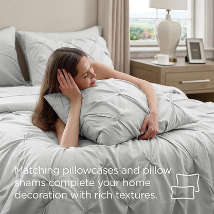Bedsure King Size Comforter Set Light Grey - Bed in a Bag Bedding Set 7 Pieces, GentleSoft™ Pintuck Bed Set Gift for Family, Pinch Pleat Light Grey Comforter with Sheets, Pillowcases & Shams