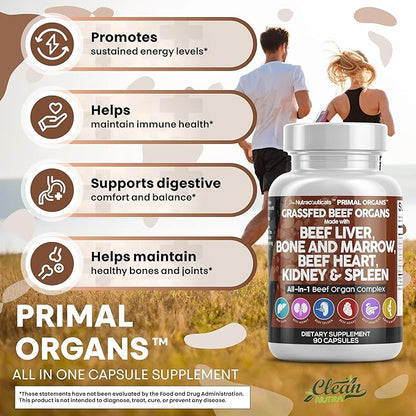 Clean Nutraceuticals Grass Fed Beef Liver Capsules - Premium Quality Supplement Packed with Desiccated, Beef Heart, Spleen, Pancreas Plus Bone & Marrow Dao Enzyme Pills