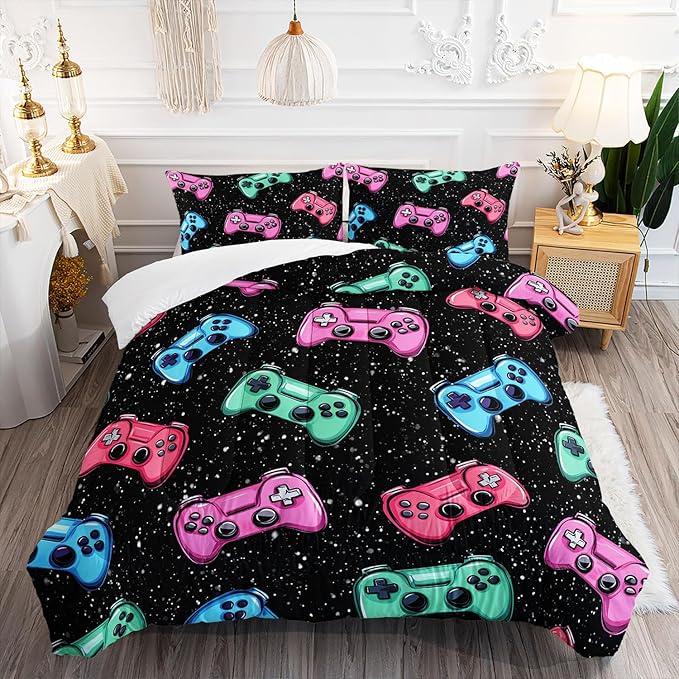 Colorful Gamer Console Comforter 3Pcs Full Games Contoller Bedding Set for Kids Teens Boys Girls Adults 3D Video Game Gamepad Quilt Room Decor with 1 Comforter and 2 Pillowcases