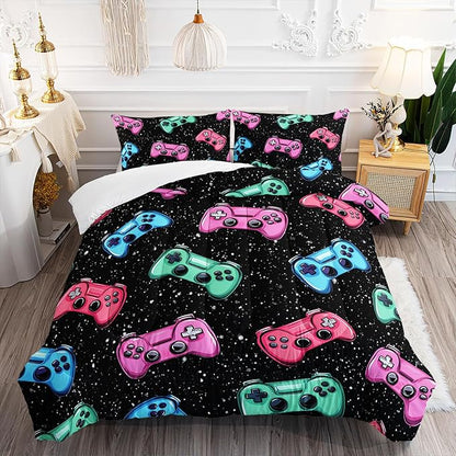 Colorful Gamer Console Comforter 3Pcs Twin Games Contoller Bedding Set for Kids Teens Boys Girls Adults 3D Video Game Gamepad Quilt Room Decor with 1 Comforter and 2 Pillowcases