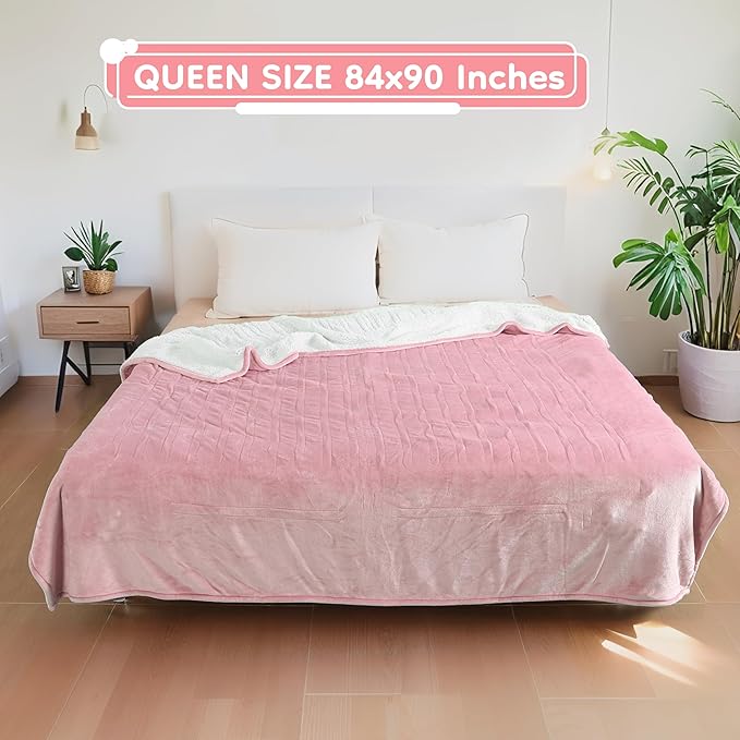 Electric Heated Blanket Queen Size - 84"x90", Soft Flannel Heating Blanket, 10 Heating Levels, 1-12 H Auto Shut Off, Dual Controllers, Breathable Warm and Washable for Bed, Light Pink