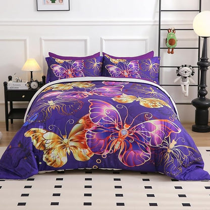 7 Piece Butterflies Comforter Set Twin Size 3D Gold Violet Butterflies Bedding Set for Kids Girls Women for Birthday Christmas Gift