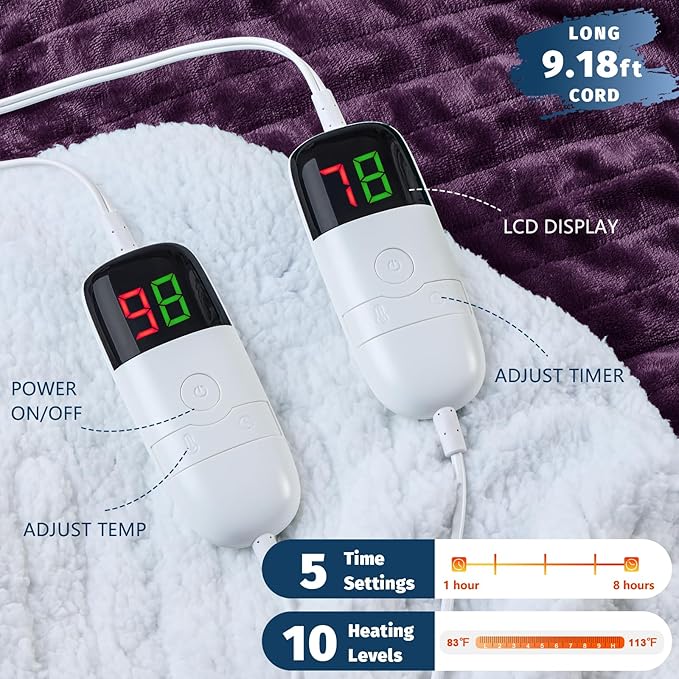 Heated Electric Blanket King Size - 90" x 100" Heating Blanket with Dual Control, 10 Heating Levels & 8 Hours Auto Off, Soft Warm Flannel Blanket, Christmas Birthday Gifts for Senior Grandma