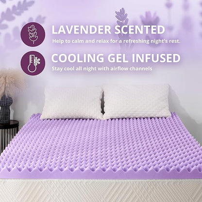 2 Inch Egg Crate Twin Memory Foam Mattress Topper, Lavender Scent Gel Infused Foam Mattress Topper for Pressure Relief, CertiPUR-US Certified Twin Bed Topper, Purple, 38"×75"