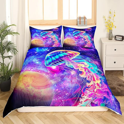 Purple Galaxy Bedding Set Full Size, Universe and Sea Creatures Theme Duvet Cover for Boys Girls Bedroom Gift, Glowing Jellyfish and Starry Space Nebula Planets Comforter Cover + 2 Pillowcases