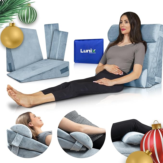 Lunix 4pcs Orthopedic Bed Wedge Pillow Set for Sleeping – Adjustable Post Surgery Back, Leg & Knee Support, Acid Reflux & GERD Relief, Memory Foam Head Pillows, with Hot/Cold Pack, Gray