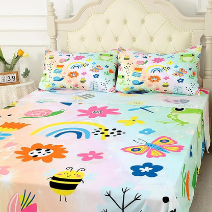 Rainbow Frogs Fitted Sheet Sets,Cartoon Floral Kids Bedding Twin Size for Girls Teens Adults Bedroom Bed, Kawaii Sheets Bedspread Set,1 Flat Sheet 1 Fitted Sheet 1 Pillowcase
