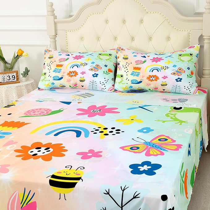 Cute Frogs Sheet Sets,Rainbow Butterflies Kids Bedding Full Size for Girls Teens Adults Bedroom Bed, Cartoon Sheets Bedspread Set,1 Flat Sheet 1 Fitted Sheet 2 Pillowcases