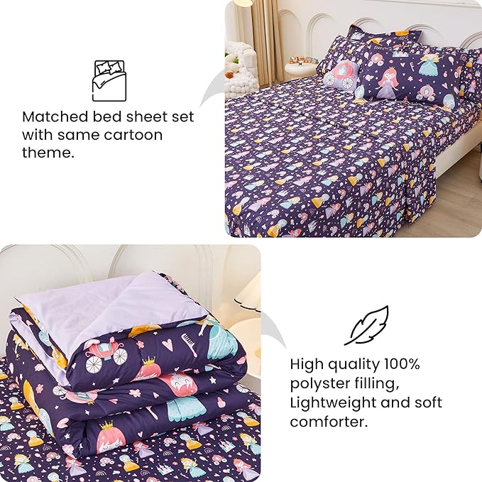 Mooreeke Twin Size Comforter Sets for Girls Kids, 6 Pieces Bed in a Bag Castle Princess Bedding Comforter Sheet Set with Shams and Decorative Toy Pillow, Ultral Soft Microfiber Kids Bed Set