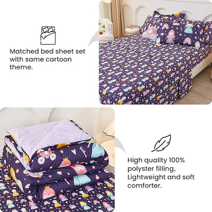 Mooreeke Twin Size Comforter Sets for Girls Kids, 6 Pieces Bed in a Bag Castle Princess Bedding Comforter Sheet Set with Shams and Decorative Toy Pillow, Ultral Soft Microfiber Kids Bed Set
