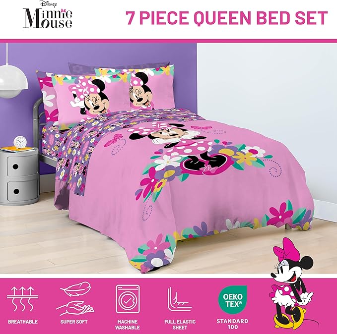 Jay Franco Kids Comforter Set Includes Sheets and Pillow Covers - Soft and Cozy Bed Set for Stylish Room Decor, Pink - Minnie Mouse 02, 7 Piece Queen Size Bedding