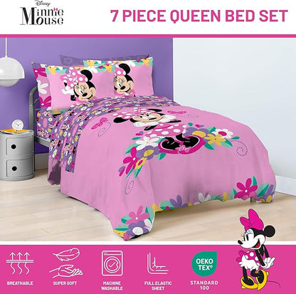 Jay Franco Kids Comforter Set Includes Sheets and Pillow Covers - Soft and Cozy Bed Set for Stylish Room Decor, Pink - Minnie Mouse 02, 7 Piece Queen Size Bedding