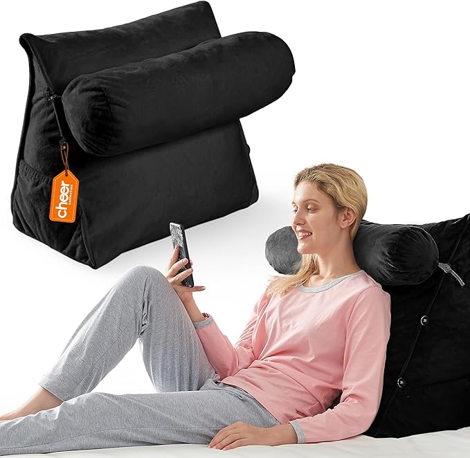 Cheer Collection Reading Wedge Pillow – TV Pillow with Adjustable Bolster Pillow, Memory Foam Back Support for Couch & Bed, Pillow Chair for Bed, Reading Pillows for Adults & Kids, XL, Black