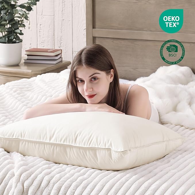 puredown® Goose Feather Down Pillows, 100% Organic Cotton Cover, Luxury Hotel Collection Bed Pillows for Sleeping Set of 2, Queen Size