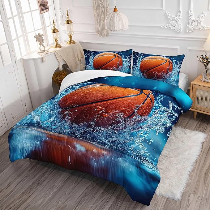 Basketball Comforter Set 3D Water Splash Printed Bedding Set with 1 Comforter and 2 Pillowcases for Boys and Girls Bedroom All Season（Basketball Queen