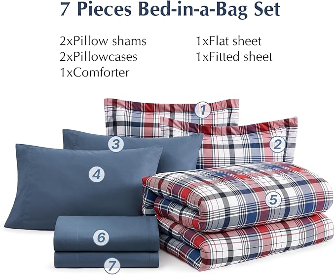 MaiRêve Queen Size Plaid Comforter Set Navy Red, Classic 7 Pieces Farmhouse Bedding Set, All Season Lightweight Bed in A Bag with Sheets, Pillowcases & Shams