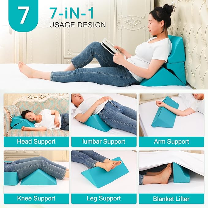 3-in-1 Side Wedge Pillow,Wedge Pillow for Back Pain Relief,Foam Wedges for Positioning in Bed,Positioning Wedges for Bed Sores,for Seniors,Caregivers,Side Sleepers,After Surgery,Green