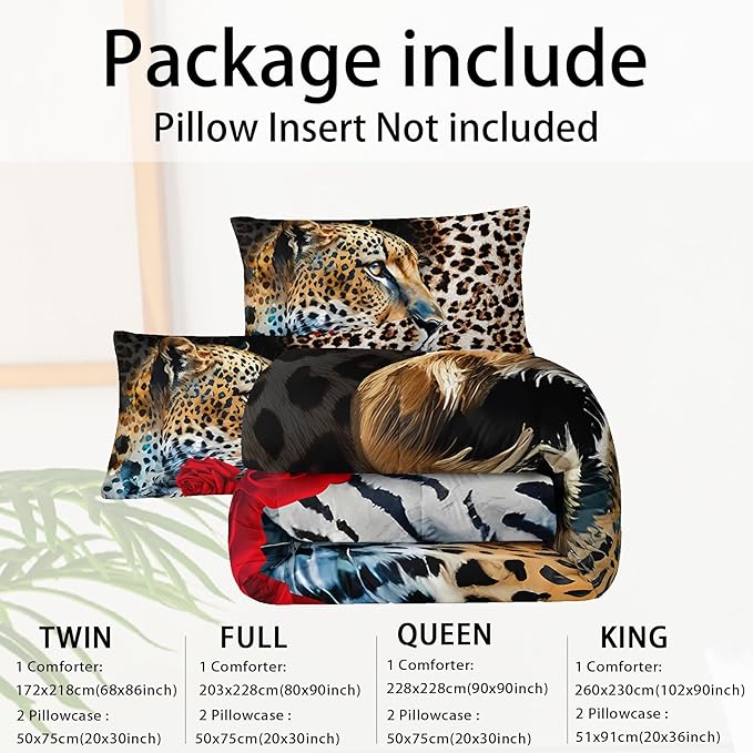 Red Rose and Leopard Comforter Set Queen for Boys,Brown Wild Animal Theme Bedding Set,3D Cheetah Quilt Set,Flowers Leopard Print Comforter Safari Animals Bed Set Bedroom Decor