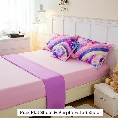 ANGIYUIN 6 Pcs Tie Dye Pink Twin Comforter Set for Girls Rainbow Galaxy Gradient Bed in A Bag Pastle Nebula Kids Bedding Set with Sheets, Comforter and Pillowcases for All Season