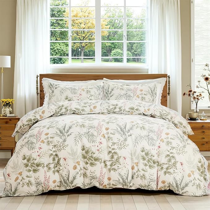 100% Cotton Duvet Cover Queen Size Sage Green Floral Bedding Set Reversible Botanical Comforter Cover 3 Pcs Vintage Cottagecore Aesthetic Soft Bedding Sets for All Season
