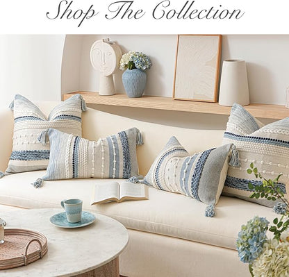 BlissBlush Coastal Blue Boho Decorative Throw Pillow Cover 20x20 Modern Bohemian Accent Pillow Case Square Woven Textured Farmhouse Pillows for Couch Bed (Pack of 1)
