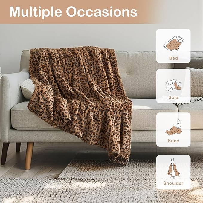 Electric Heated Blanket Twin Size 62”x84”,Soft with 6 Heating Settings 1-10 Hours Auto-Off, One Touch Operation, Machine Washable, Brown Leopard Print