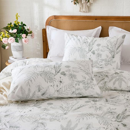 Duvet Cover Set King Size 100% Nature Cotton Reversible Botanical King Duvet Cover Set 3 Pieces Soft & Breathable Bedding Set with Zipper Closure & Corner Ties