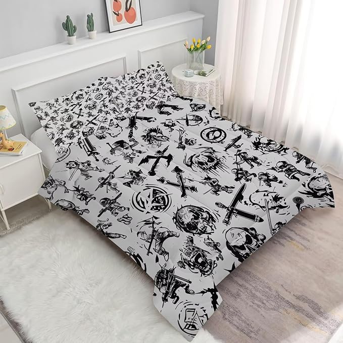 Grey Gaming Comforter Set Full: Pirates Skull Bedding Set for Boys Kids Men Teen Bed Bedroom Dorm Nautical Samurai Ninjas Quilt 1 Comforter + 2 Pillow Cases