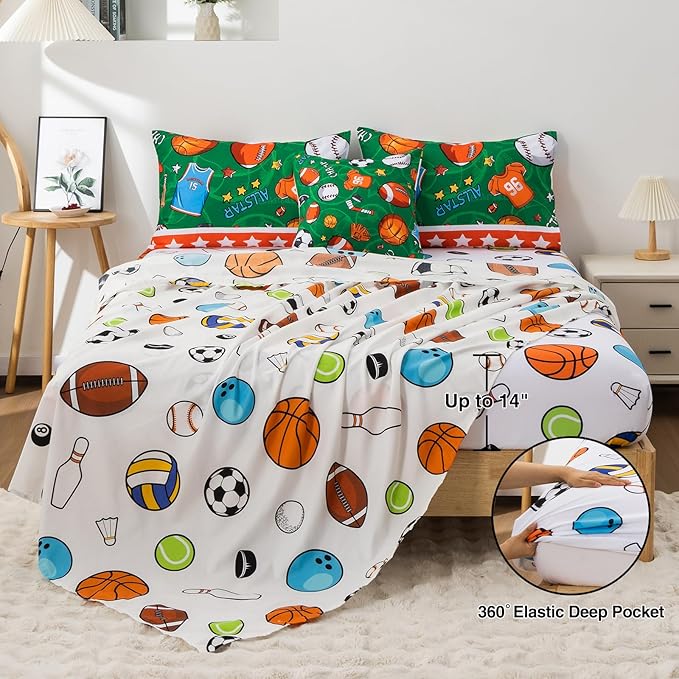 A Nice Night 6Pcs Bed in A Bag Twin Sports Comforter Set, Rugby Ball Jersey Patchwork Printed Bedding Collections,for Boys Kids Teen,Green