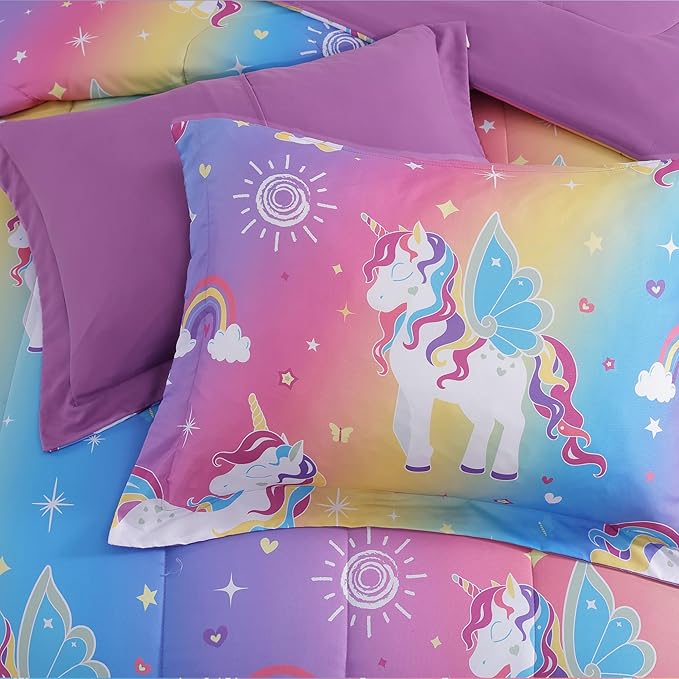 Twin Comforter Set for Girls-3 Pieces Rainbow Unicorn Twin Bedding Sets for Kids,1 Comforter,1 Sham and 1 Decor Pillow