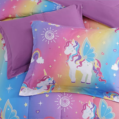 Full Size Comforter Set for Girls-4 Pieces Rainbow Unicorn Full Bedding Sets for Kids, 1 Comforter, 2 Shams and 1 Decor Pillow