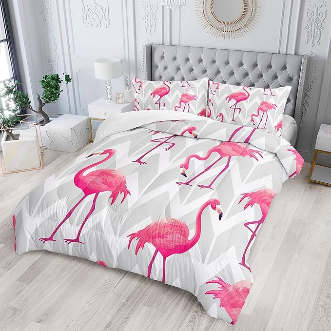 Flamingo Comforter Set Full Size Tropical Flamingo Geometric Stripe Bedding Set Flamingo Quilted Duvet for Kids Girls Boys Adult with 1 Comforter and 2 Pillowcases