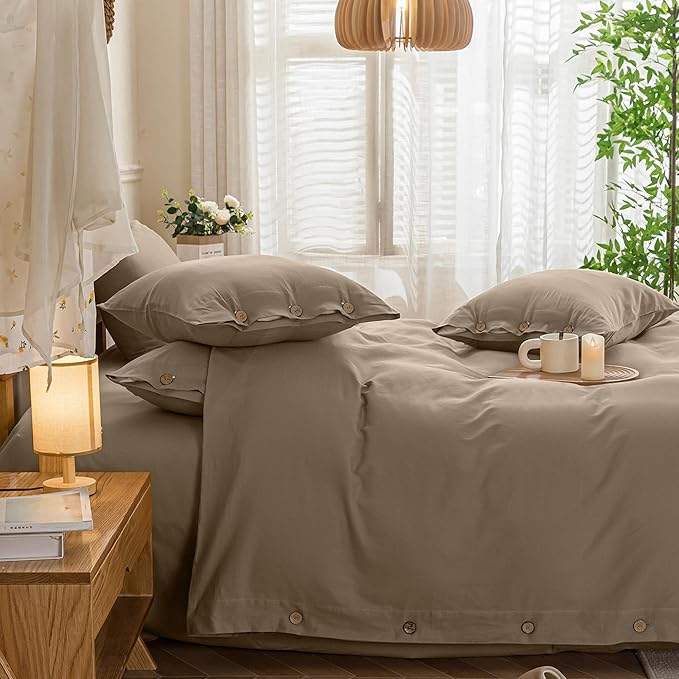 JELLYMONI Cotton Duvet Cover Cal King Size - Khaki Comforter Cover with Button 100% Washed Cotton 3PCS Breathable Soft Solid Bedding Set Duvet Cover 104×98in & 2 Pillowcases (NO Comforter)