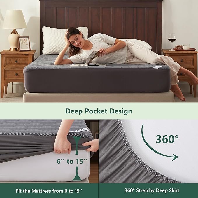 Full Size Waterproof Mattress Protector, 40% Rayon Derived from Bamboo Grey Mattress Pad Cover, 3D Air Fabric Breathable Mattress Pad Fitted with Deep Pocket 6"- 15" Machine Washable