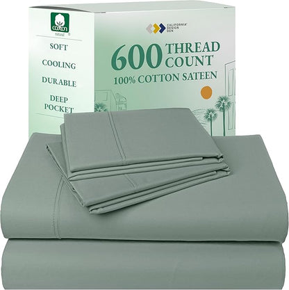 CALIFORNIA DESIGN DEN 5-Star Hotel 600 Thread Count 100% Cotton, Soft & Smooth Queen Sheet Set with Deep Pockets, Quality Beats Egyptian Cotton Claims (Sage Green)