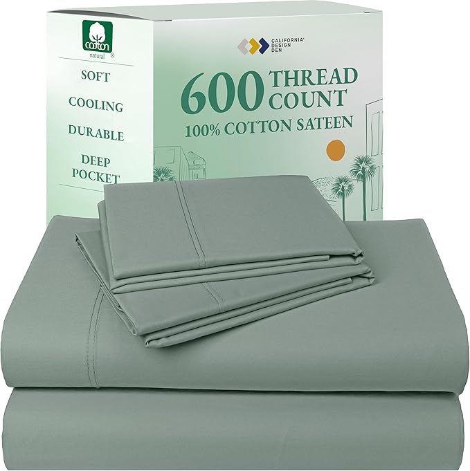 California Design Den California King Sheet Set - 100% Cotton, 600 Thread Count Deep Pocket Cal King Sheet Set, Luxury Hotel-Quality Sheets with Soft Sateen Weave (Sage Green - Cool Tone)