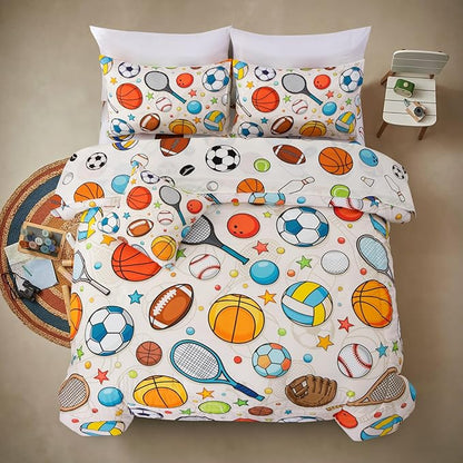 A Nice Night 6Pcs Full Comforter Set for Boys, Sports Theme Bedding with Curling, Baseball & Basketball Design, Soft Athletic Kids Bedroom Decorr(Yellow)