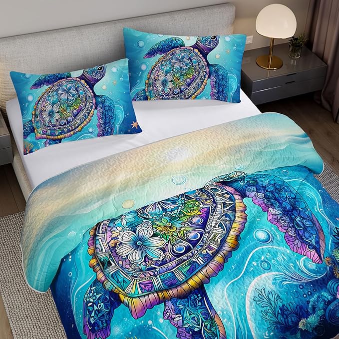 Blue Turtle Quilts Bedding Queen 3Pcs Watercolor Flower Tortoise Bed Set Ocean Animal Coral Seaweed Starfish Pattern Bedspread Coverlet with 2 Pillowcases for Kid Boy Girl Teen Adult Room Decor