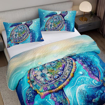 Blue Turtle Quilts Bedding Queen 3Pcs Watercolor Flower Tortoise Bed Set Ocean Animal Coral Seaweed Starfish Pattern Bedspread Coverlet with 2 Pillowcases for Kid Boy Girl Teen Adult Room Decor